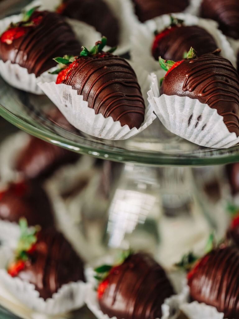 Strawberries covered in chocolate at a wedding in Prescott, Arizona headshot and branding photography. Melissa Byrne Portrait Photography